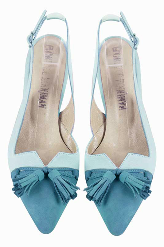 Turquoise blue women's open back shoes, with a knot. Tapered toe. Medium slim heel. Top view - Florence KOOIJMAN